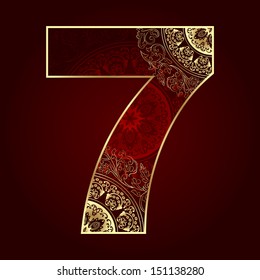 Vintage number 7 with floral swirls. Vector illustration  