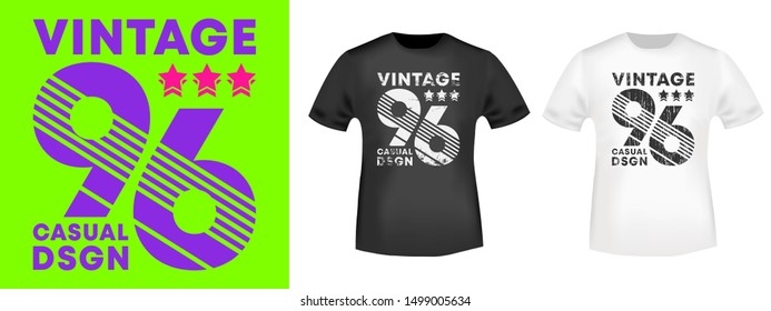 Vintage number 96 t-shirt print for t shirts applique, tee badge, label, clothing tag, jeans, and casual wear. Vector illustration.