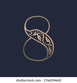 Vintage number eight logo with premium decoration. Classic line serif font. Vector icon perfect to use in any alcohol labels, glamour posters, luxury identity, etc.