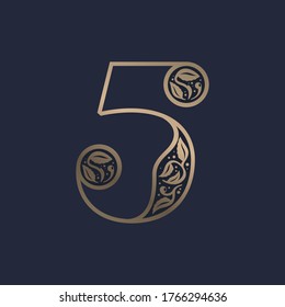 Vintage number five logo with premium decoration. Classic line serif font. Vector icon perfect to use in any alcohol labels, glamour posters, luxury identity, etc.
