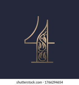 Vintage number four logo with premium decoration. Classic line serif font. Vector icon perfect to use in any alcohol labels, glamour posters, luxury identity, etc.