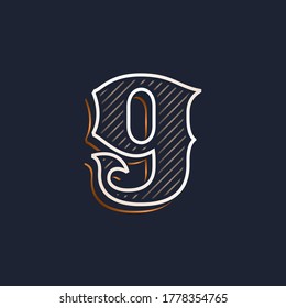 Vintage number nine logo with line decoration. Classic serif lettering. Vector font perfect to use in any alcohol labels, retro style posters, luxury identity, etc.