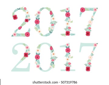 Vintage numbers 2017 with rustic hand drawn flowers