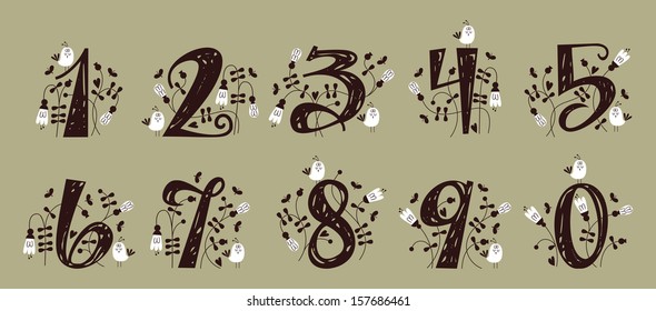 Vintage Numbers with Floral Decorations and Birds . Numeral Characters . Vector EPS10 .
