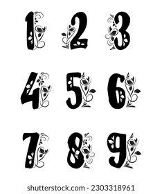 Vintage numbers with a graceful floral ornament in black on a white background.