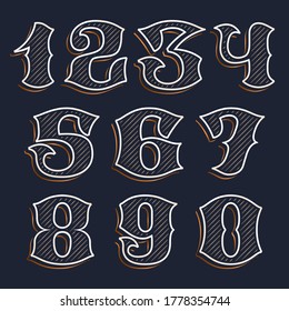 Vintage numbers set with line decoration. Classic serif lettering. Vector font perfect to use in any alcohol labels, retro style posters, luxury identity, etc.