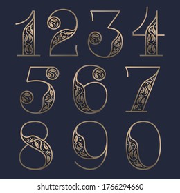 Vintage numbers set with premium decoration. Classic line serif font. Vector icon perfect to use in any alcohol labels, glamour posters, luxury identity, etc.