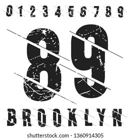 Vintage numbers t-shirt stamp. Grunge textured number 0 1 2 3 4 5 6 7 8 9 designed for printing products, badge, applique, label, t shirt, jeans and casual wear print. Vector illustration.