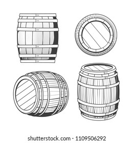 Barrel de roble vintage. Dibujo vectorial de barriles de whisky o de ale aislados en fondo blanco, de madera de cervecería de alcohol de mano