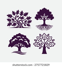 Vintage Oak Maple Tree, oak tree logo, Huge and sacred oak tree plant silhouette logo.
