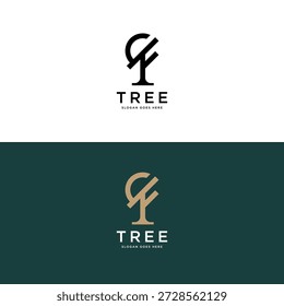 Vintage oak tree abstract design logo vetor com letra F logotipo inspiração.