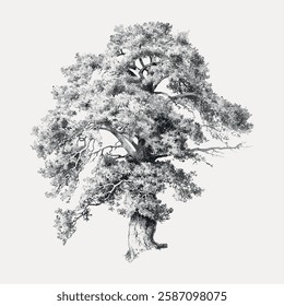 Vintage oak tree illustration, isolated on white, vector. 