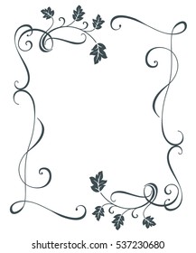 Vintage oak tree leaves floral frame vector template. Black and white border swirly ornament.