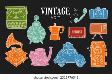 Vintage object collection. Hand illustrations, movie camera, typewriter, camera, hours, coffee percolator, retro telephone, tv, cassette. Drawings for poster, collage. Clip art isolated drawings