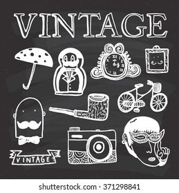 vintage object doodle on chalkboard background
