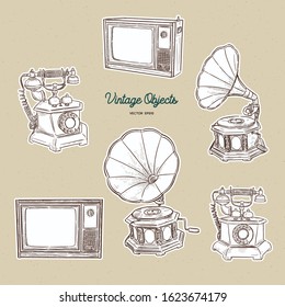 Vintage object set, hand draw sketch vector.