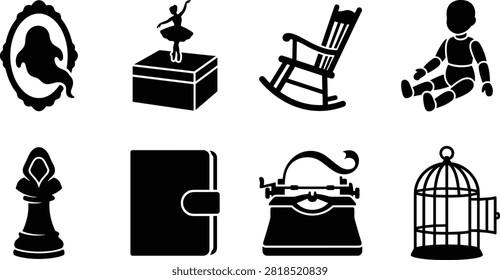 Vintage object silhouette vector set featuring portrait frame, ballerina figurine, rocking chair, doll, chess piece, notebook, typewriter, and birdcage