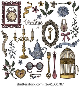 Vintage objects frames flowers candlestick fork spoon teapot glasses bird cage key vector set for creating seamless patterns, fabric cards.