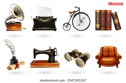 Vintage objects icon 3d cartoon vector set. Gramophone, typewriter, bicycle, book, inkwell, sewing machine, binoculars, armchair