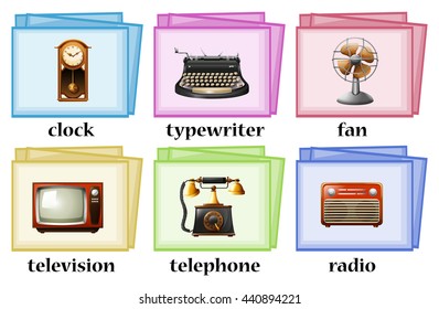 Vintage objects on flashcards illustration