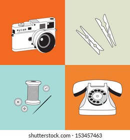 Vintage objects: phone, camera, clothespin, thread - vector  illustration  set - retro