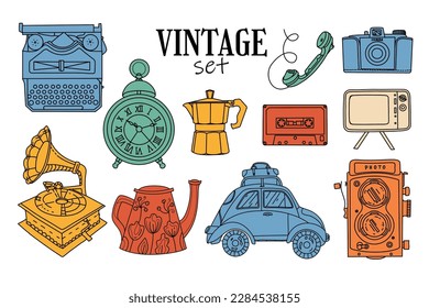 Vintage objects set . Hand illustrations, movie camera, typewriter, camera, hours, coffee percolator, retro telephone, tv, cassette. Drawings for poster, collage. Clip art isolated drawings