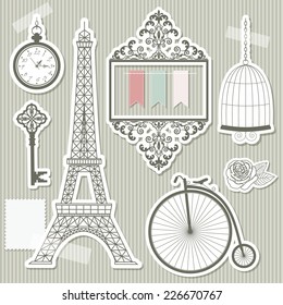 Vintage objects silhouettes paper cut - frame, eiffel tower, bike, bird cage, antique key, rose, stamp blank, pocket watch, garland, tape.