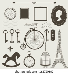 Vintage objects silhouettes vector set. Can be used for scrapbook, collage design. 