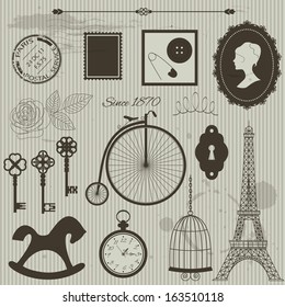 Vintage objects silhouettes vector set on dirty grunge background.  All spots are grouped separately and can be easily removed if necessary. 