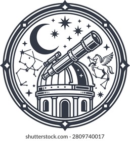 Vintage observatory telescope badge vector featuring a classic astronomical telescope with stars, moon, constellations, and a mythical winged horse in an engraved line art style. Ideal for astronomy clubs, observatories, science education, planetariums, space-themed branding, logos, labels, apparel, and educational materials. Scalable vector isolated on a white background.