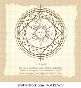 Vintage occult hermetic circle. Alchemy magic circle on notebook backdrop vector illustration