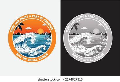 vintage ocean badge logo with ocean wave and lighthouse or watch tower. sunset logo, tropical island, sea beach logo, summer time logo