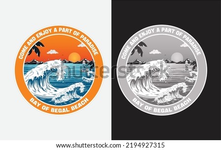 vintage ocean badge logo with ocean wave and lighthouse or watch tower. sunset logo, tropical island, sea beach logo, summer time logo