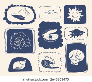Vintage ocean clipart set seashells, waves, sun and floral elements in ornate frames. Hand-drawn nautical illustrations for summer or beach-themed design.