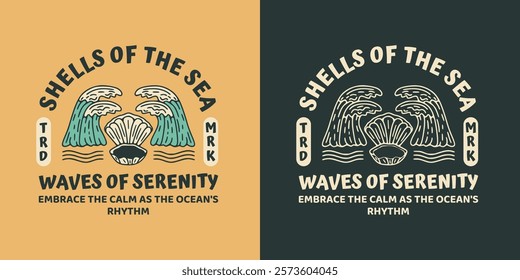 Vintage Ocean Shell Illustration Design with Nautical Waves for T-Shirts, Stickers, and Coastal-Inspired Prints.