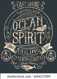 Vintage ocean spirit adventure badge vector print for boy t shirt grunge effect in separate layers