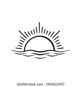 Ilustración de vectores dibujados por mano del logotipo del logotipo del logotipo del atardecer oceánico vintage