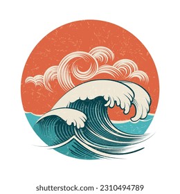 Vintage Ocean Wave Stormy Summer Surf Sunset Retro Design Template isolated on white. Vector illustration