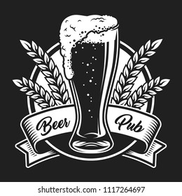 Vintage octoberfest monochrome label with beer glass cup and wheat ears isolated vector illustration