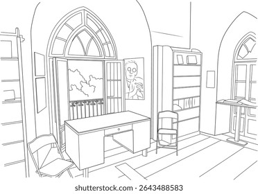 Vintage Office or Study Line Drawing, Simple black and white line drawing illustration of an interior scene depicting an office or study with a desk, chairs, bookshelves, and a large arched window.
