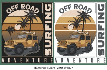 Vintage off-road jeep with surfboards on top, set against a tropical sunset and palm trees. Perfect retro adventure design for t-shirts, posters, and beach lovers.