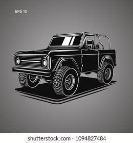 Vintage offroad truck vector illustration. Retro trophy car. Adventure safari auto