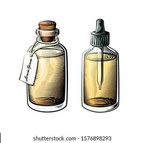 Vintage oil bottles. Colored glass bottle vector illustration.
