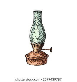 vintage oil lamp hand drawn. kerosene wick, lantern glass, burner flame vintage oil lamp vector sketch. isolated color illustration