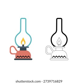 Vintage Oil Lamp Lantern Vector Illustration, Retro Kerosene Light Flat and Outline Icon
