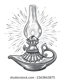 Vintage oil lamp sketch vector illustration engraving style. Lantern with rays of light