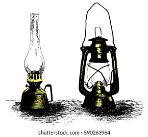 Vintage oil lamps, hand drawn vector illustration