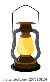 Vintage oil lantern illustration with a glowing yellow light and a rustic brown and gray design. Ideal for Ramadan, festive decorations, or camping themes
