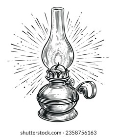 Linterna de aceite vintage o lámpara de queroseno con rayos de luz. Estilo de grabado de ilustración vectorial de la lámpara de aceite antigua