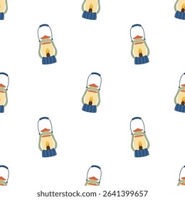 Vintage oil lantern pattern on a white background. Simple seamless pattern with camping lantern. Vector design for greeting card and invitation